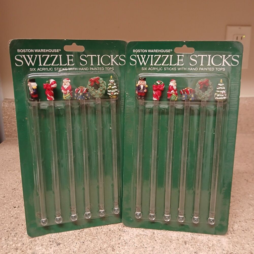 2Ć Vintage 1995 Boston Warehouse Christmas Swizzle Sticks Set of 6 Acrylic NOS